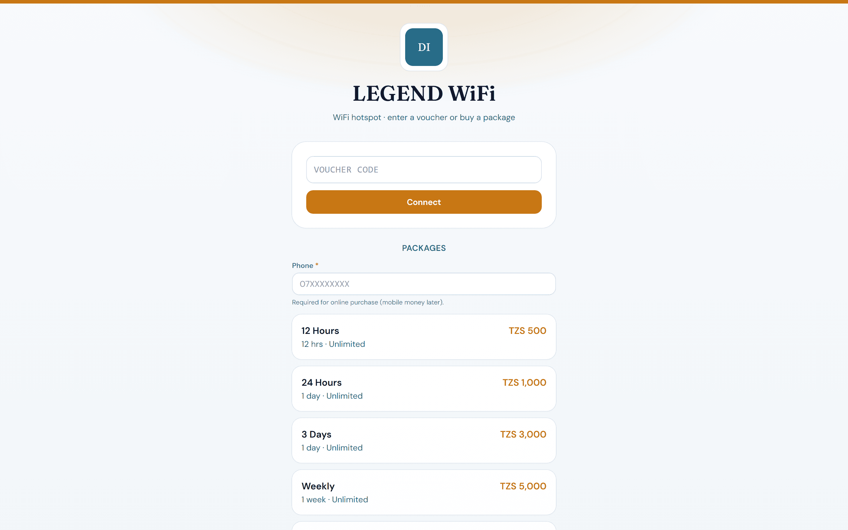 Branded WiFi login page where customers enter vouchers or buy packages